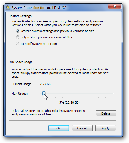 Reduce the amount of space allocated for the system restore